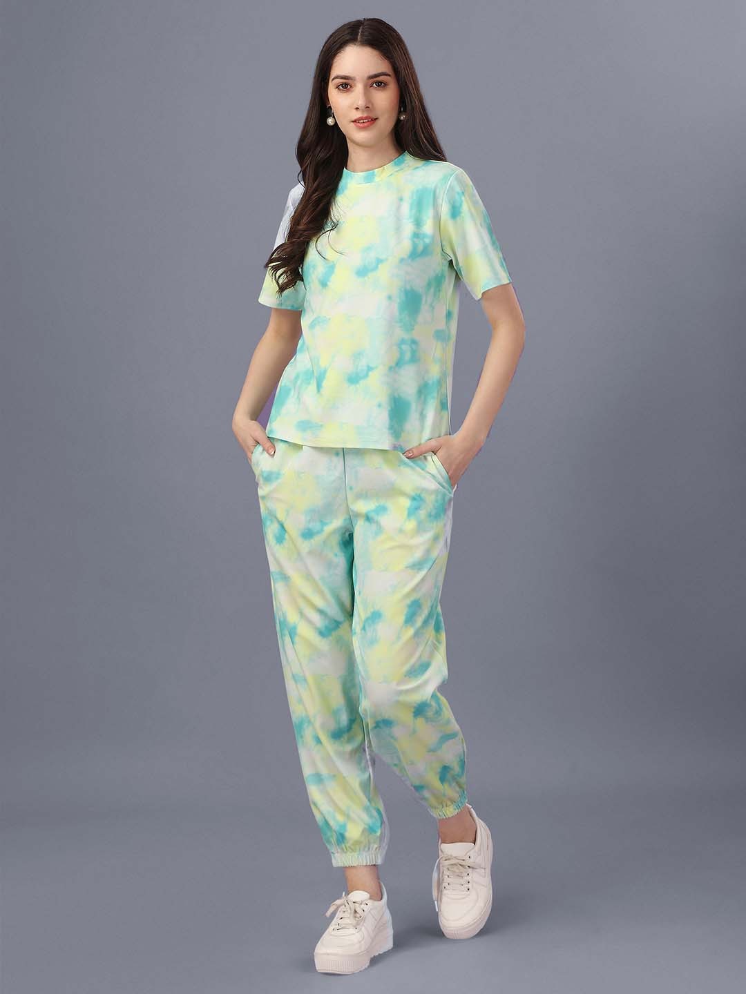 

WESTHOOD Tie & Dye Printed Casual Women Co ord set, Sea green