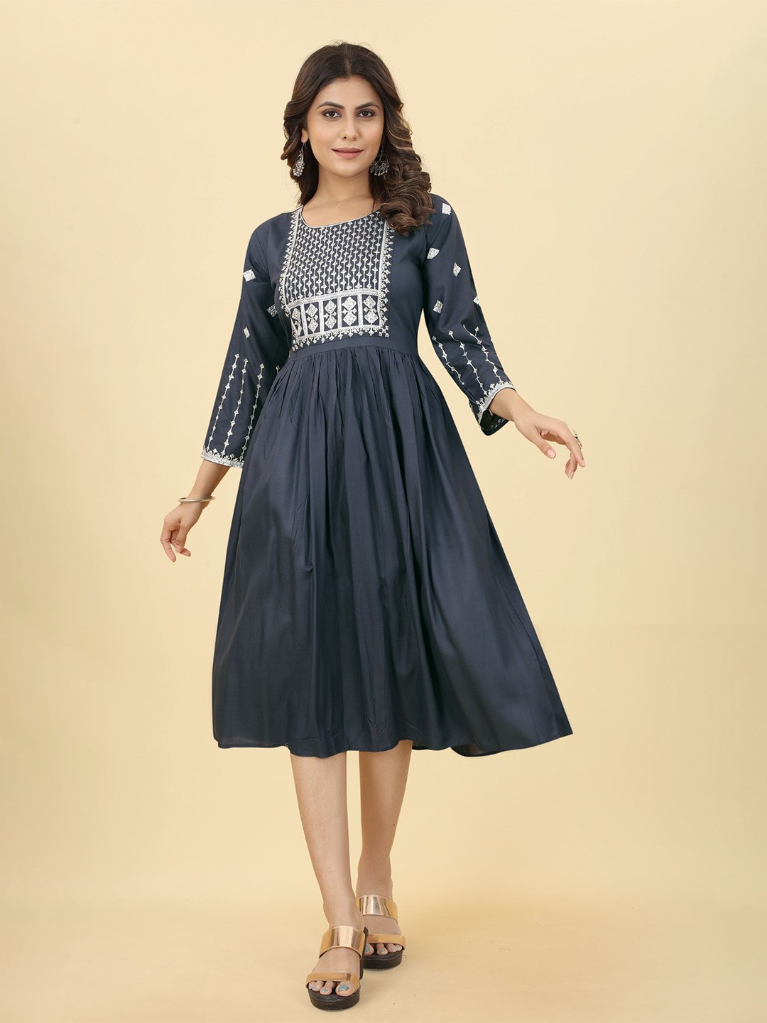 

KALINI Embroidered Pleated A-Line Ethnic Dresses, Grey