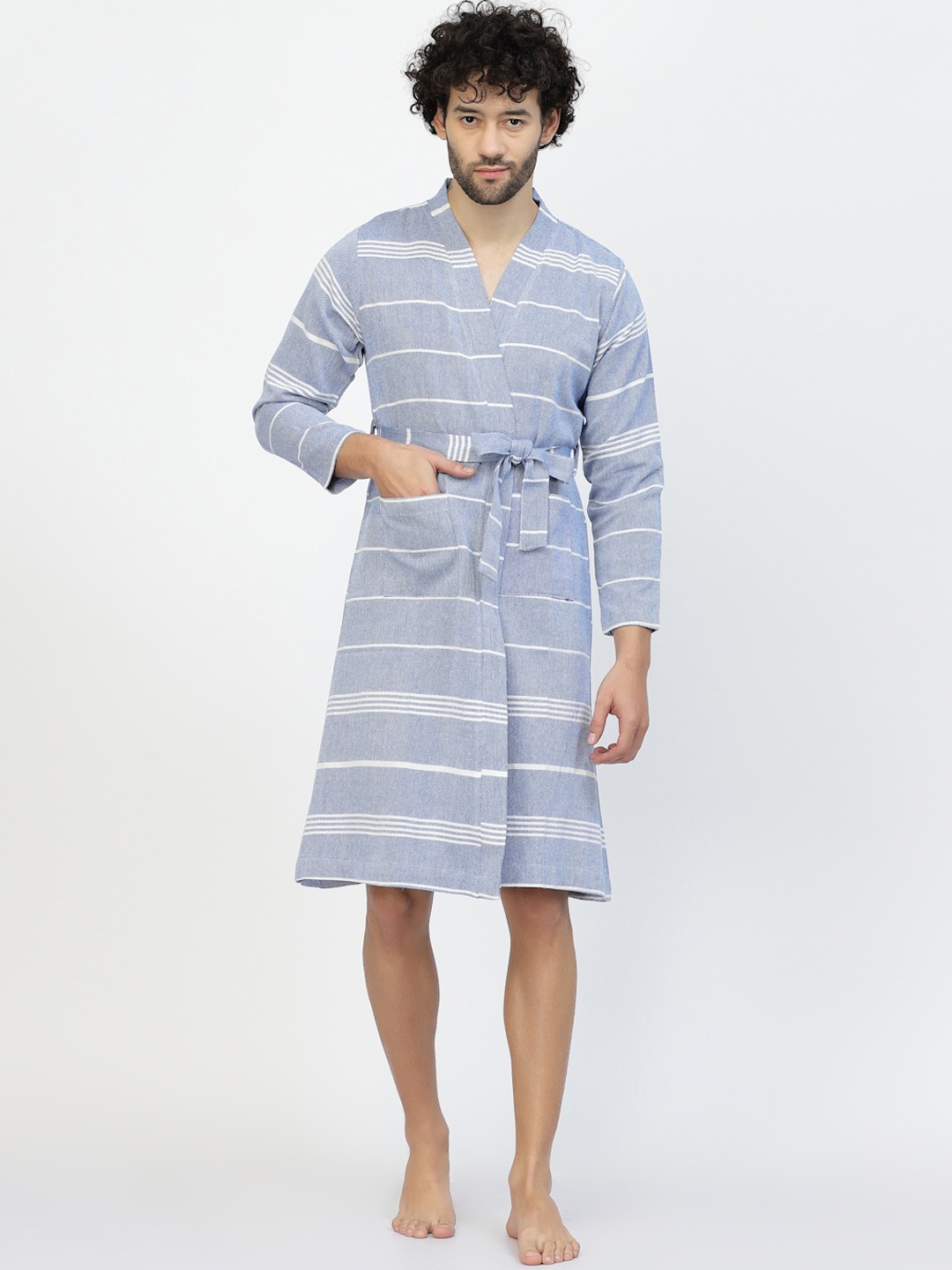 

KLOTTHE Men Striped Cotton Bath Robe With Belt, Blue