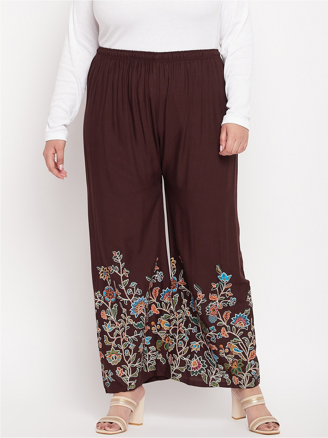 

CLORA CREATION PLUS Women Mid-Rise Floral Printed Wide Leg Palazzos, Brown