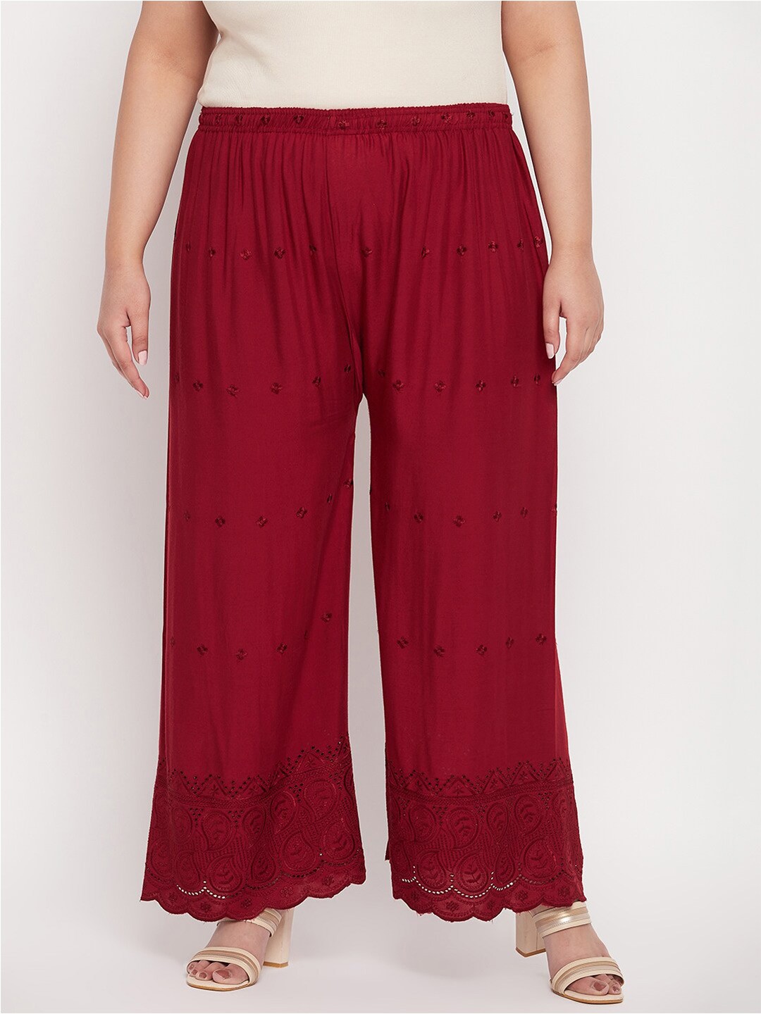 

CLORA CREATION PLUS Women Embroidered High-Rise Wide Leg Palazzos, Red