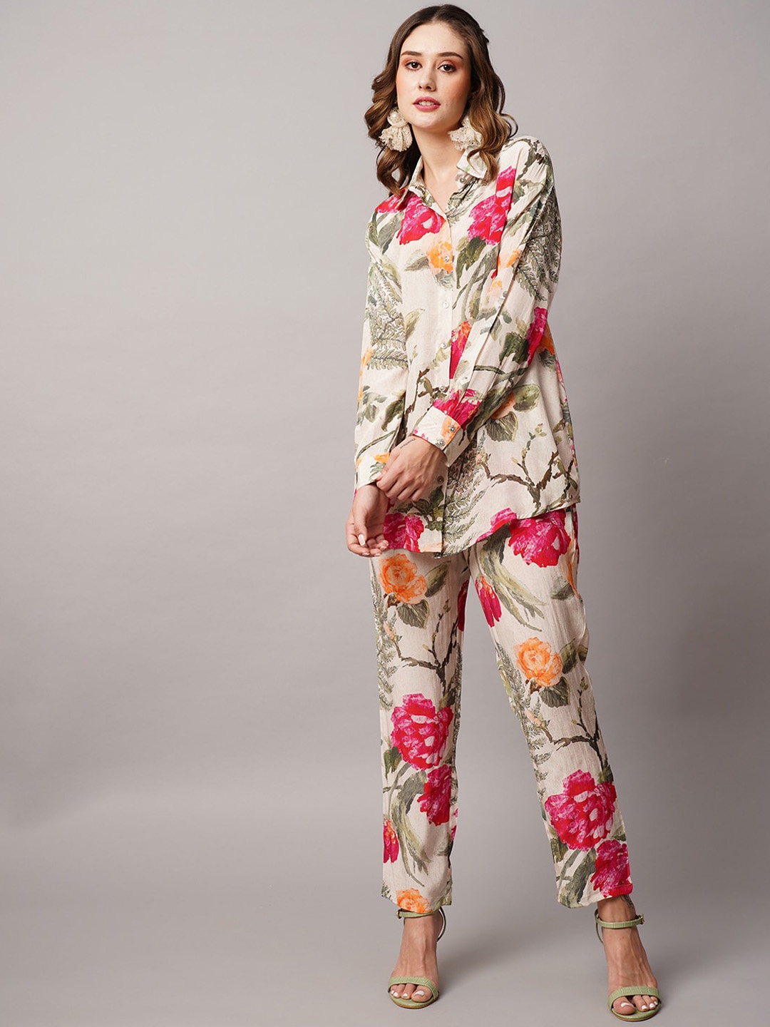 

FASHOR Floral Printed Shirt Collar Shirt With Trousers, Green