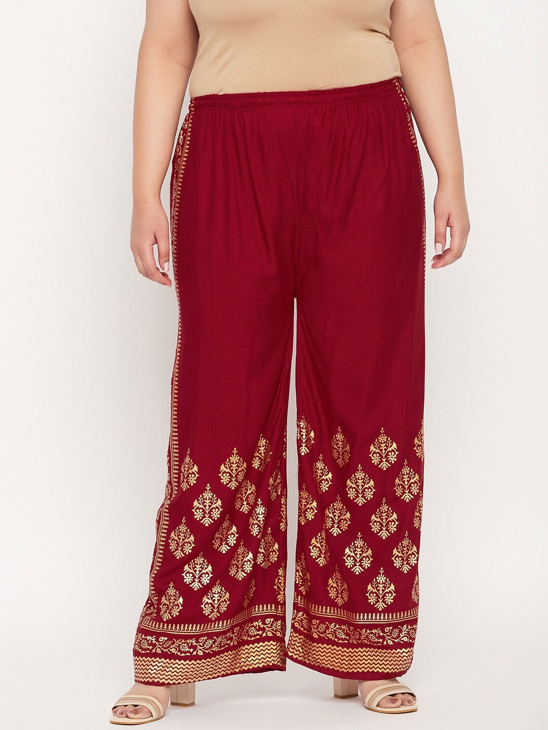 

CLORA CREATION PLUS Women Mid-Rise Ethnic Motifs Printed Flared Palazzos, Maroon