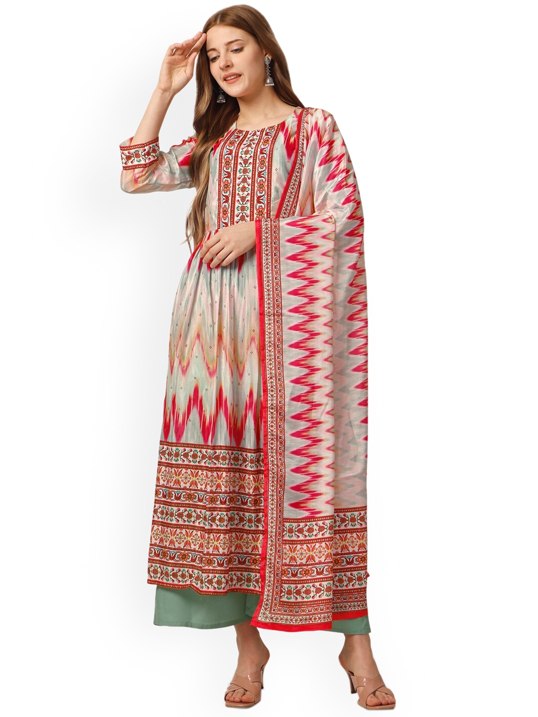 

Pure 9 Printed Regular Kurta with Palazzos & Dupatta, Red