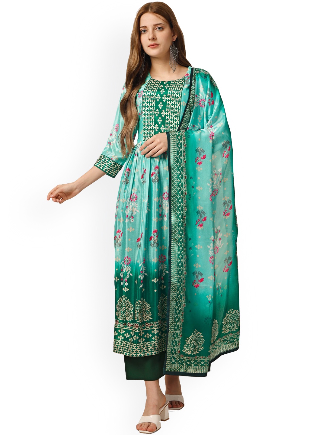 

Pure 9 Floral Printed Regular Kurta with Palazzos & Dupatta, Sea green