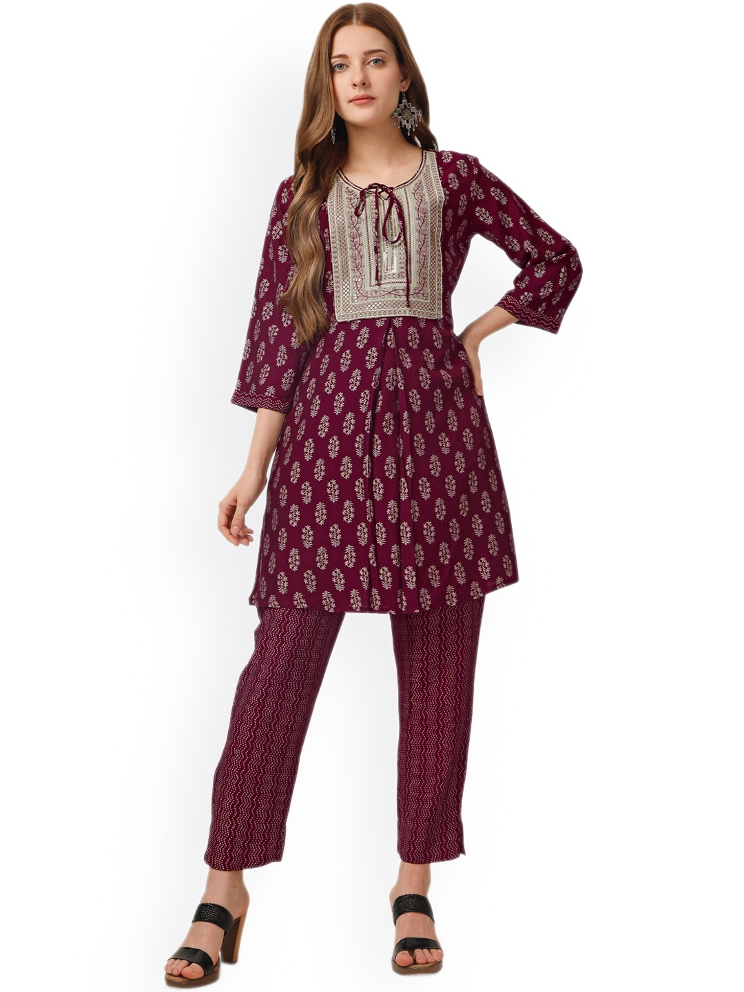 

Pure 9 Ethnic Motifs Printed Regular Pure Silk Kurti with Trousers, Burgundy