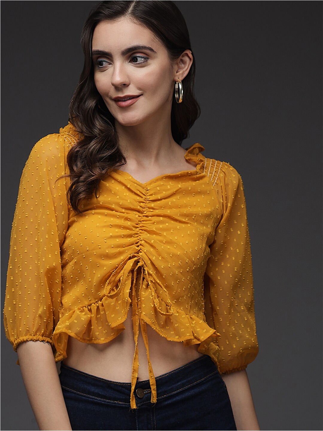 

BAESD Puff Sleeve Gathered Crop Top, Yellow
