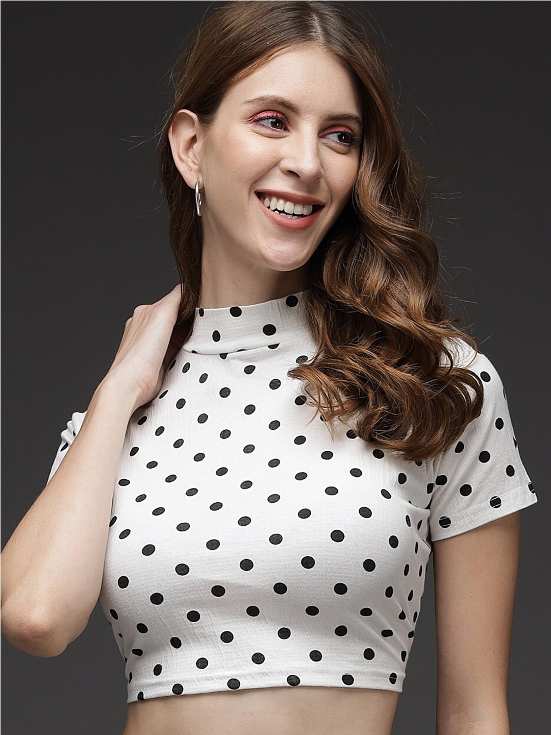 

BAESD High Neck Polka Dots Printed Crop Top, White