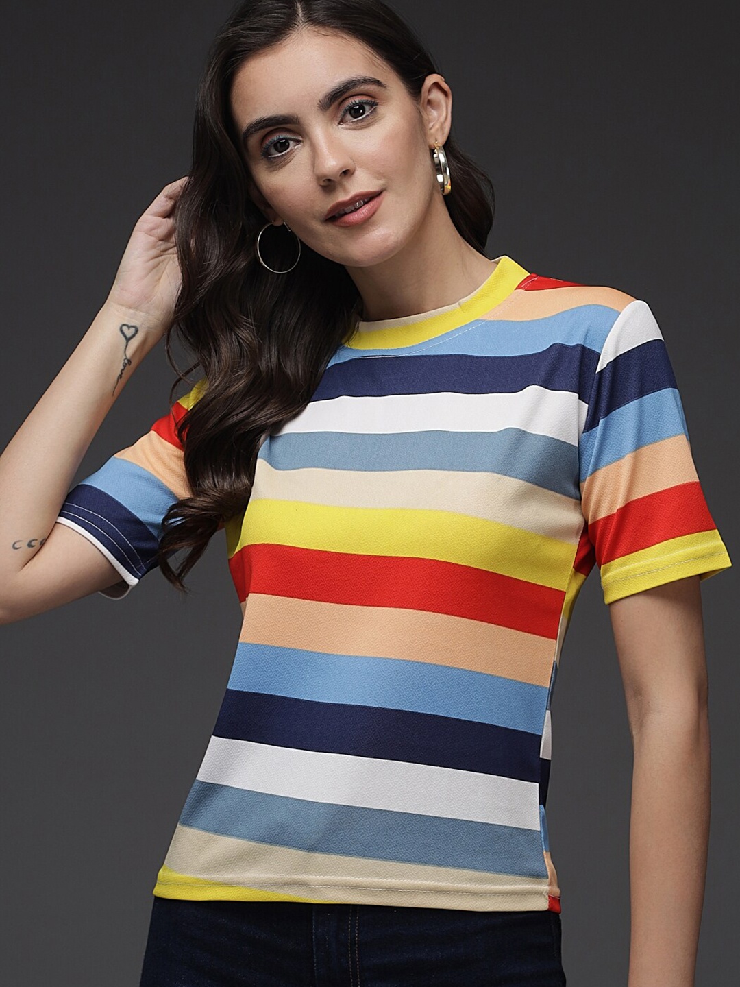 

BAESD Horizontal Striped Round Neck Top, Yellow