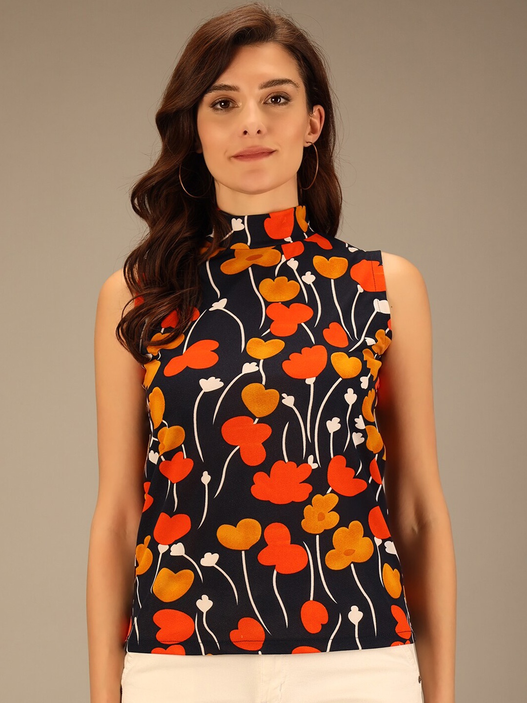 

BAESD Floral Printed High Neck Sleeveless Cotton Top, Black
