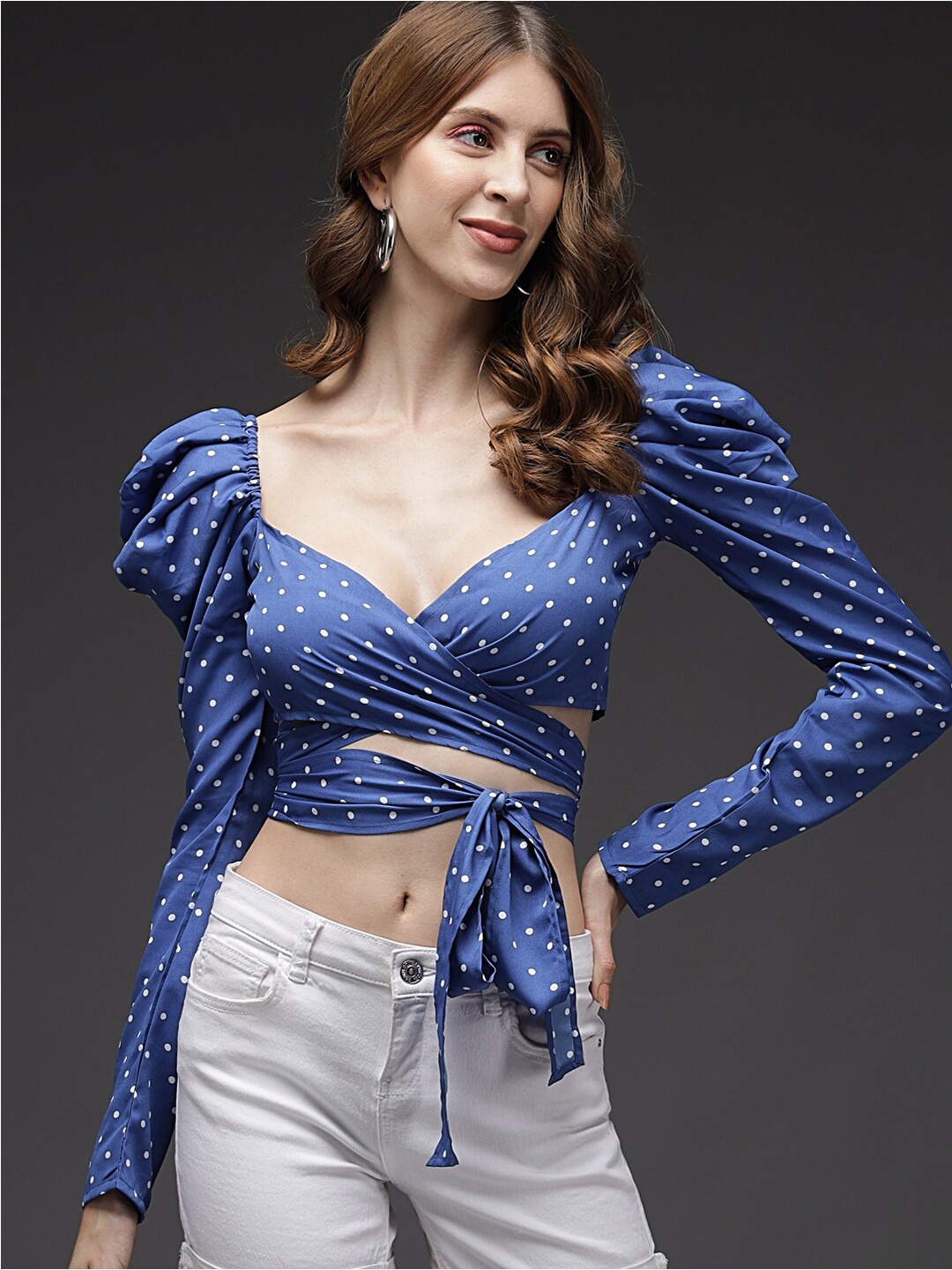 

BAESD Printed Sweetheart Neck Puff Sleeve Wrap Crop Top, Blue