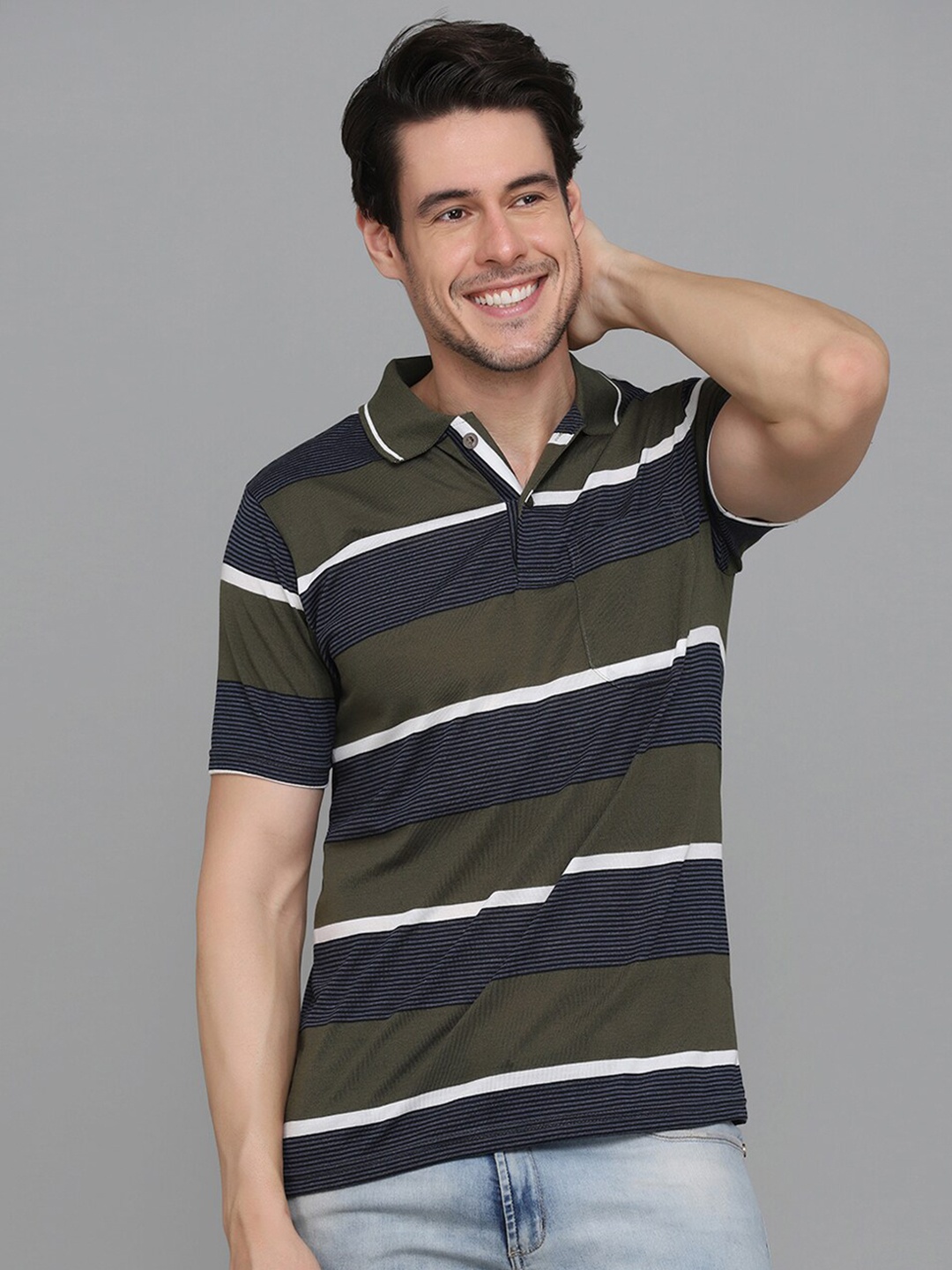 

INKKR Striped Polo Collar T-shirt, Olive