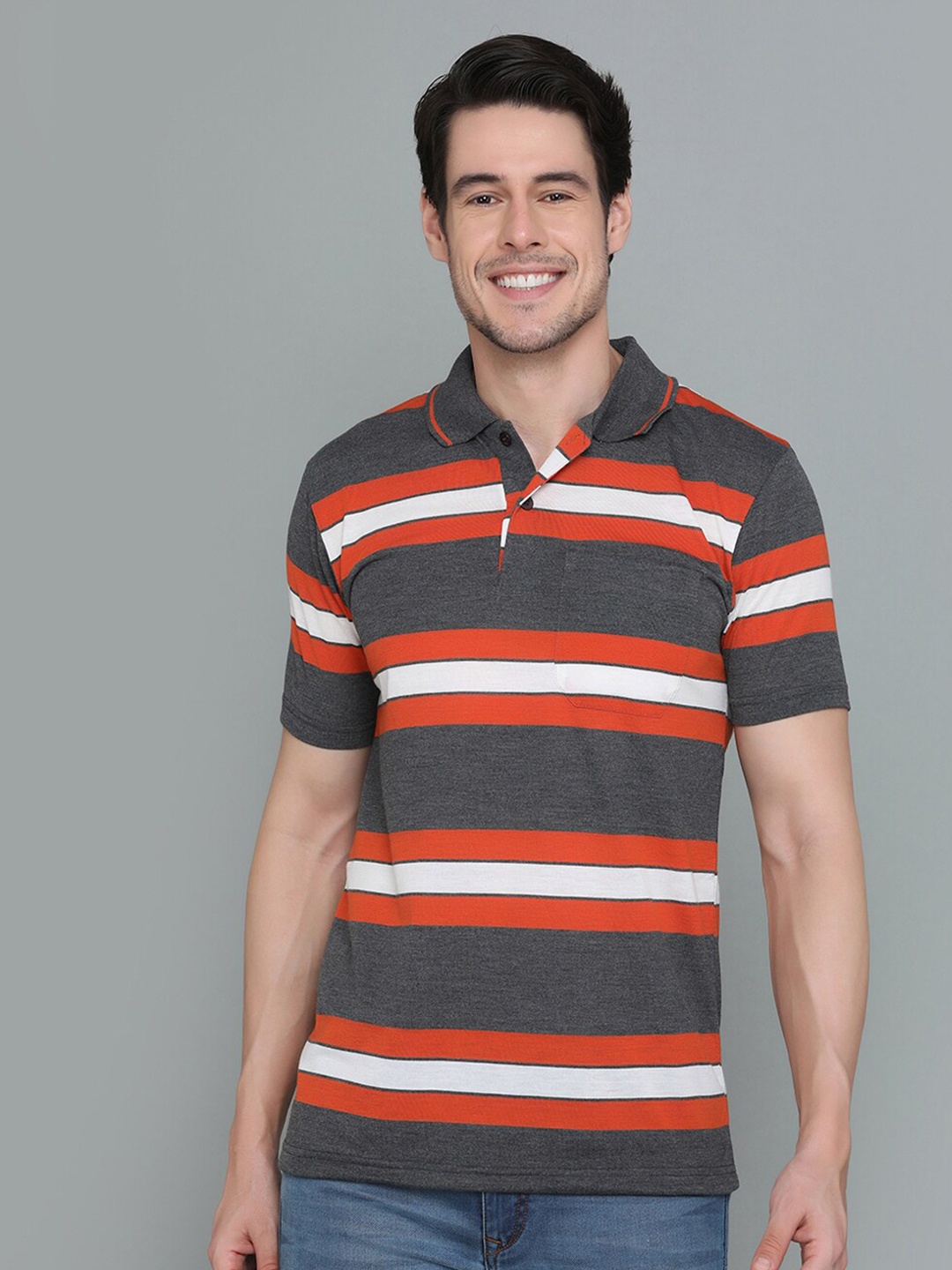 

INKKR Striped Polo Collar Casual T-shirt, Grey