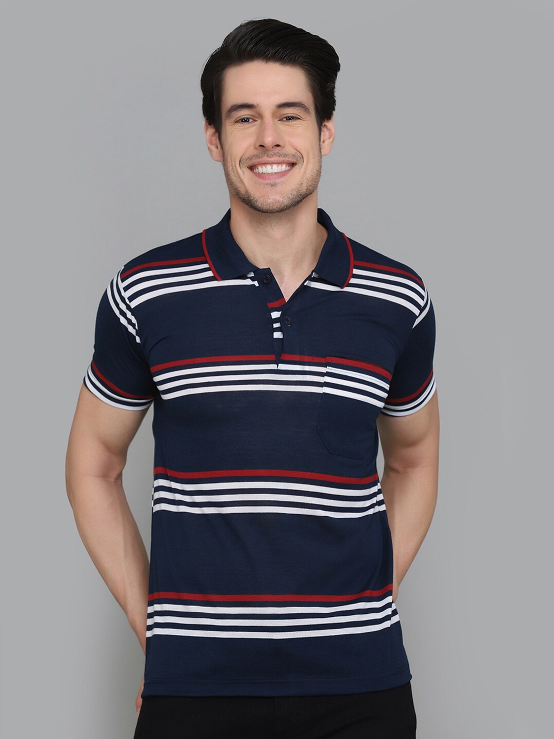 

INKKR Striped Polo Collar T-shirt, Navy blue