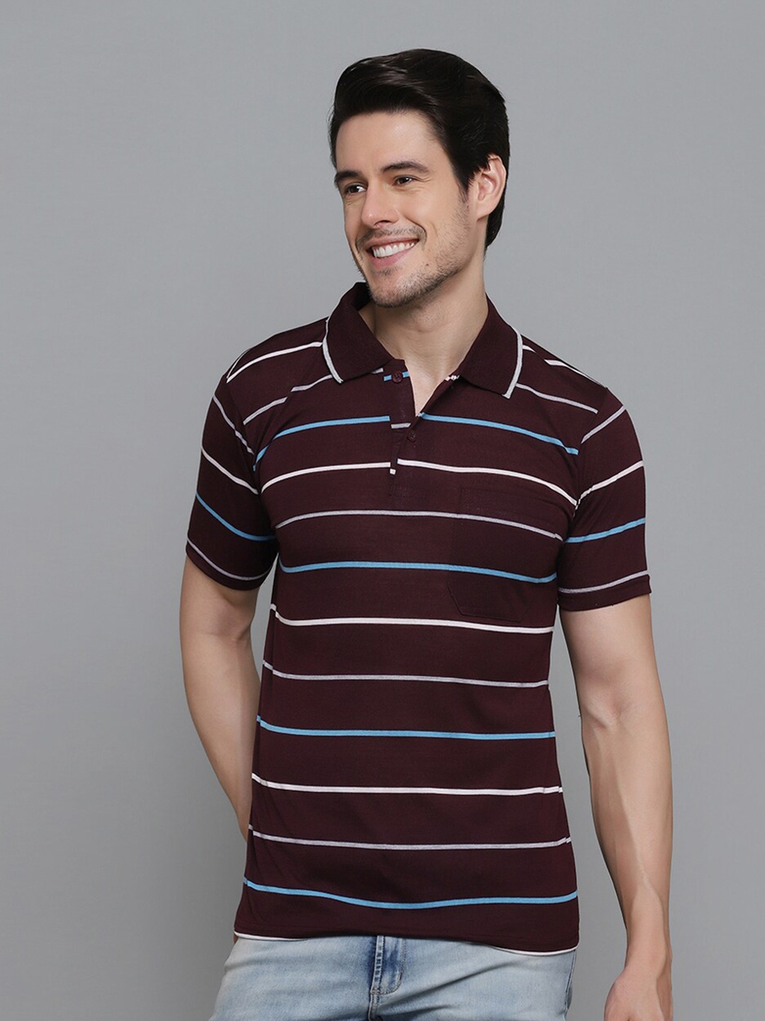 

INKKR Striped Polo Collar T-shirt, Maroon