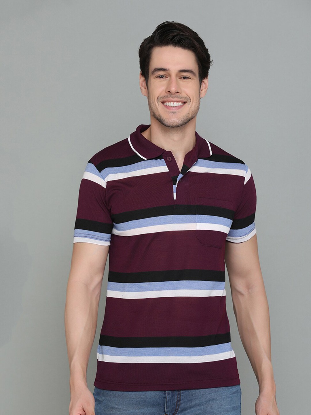 

INKKR Striped Polo Collar Short Sleeves T-shirt, Maroon