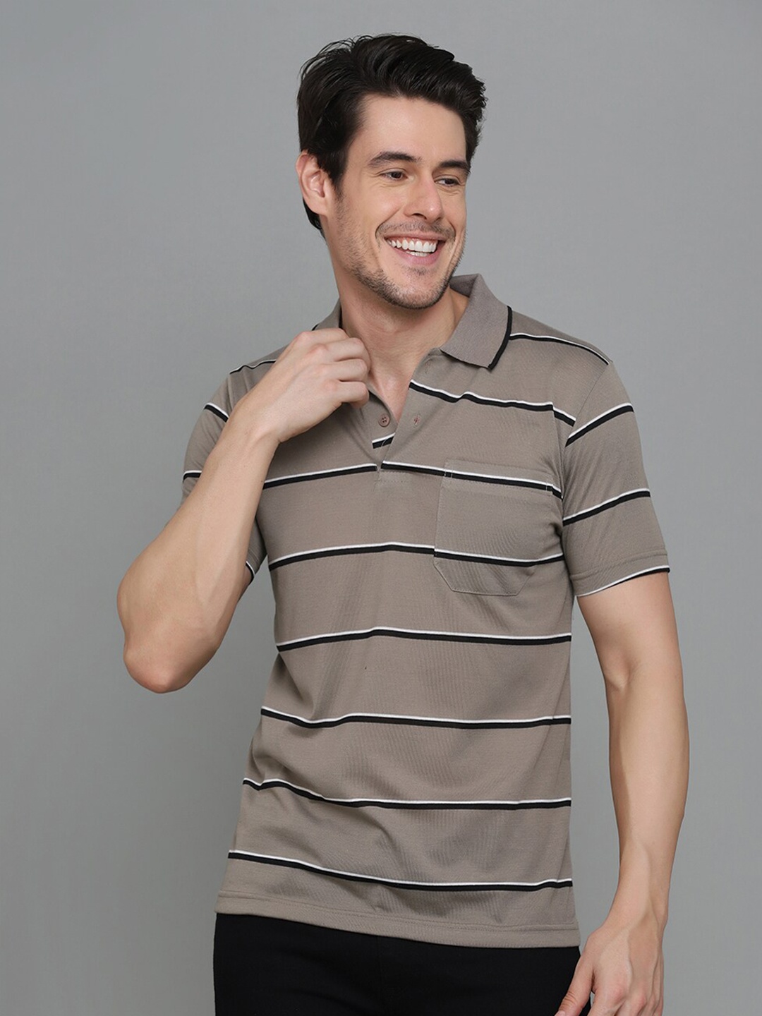 

INKKR Striped Polo Collar T-shirt, Beige