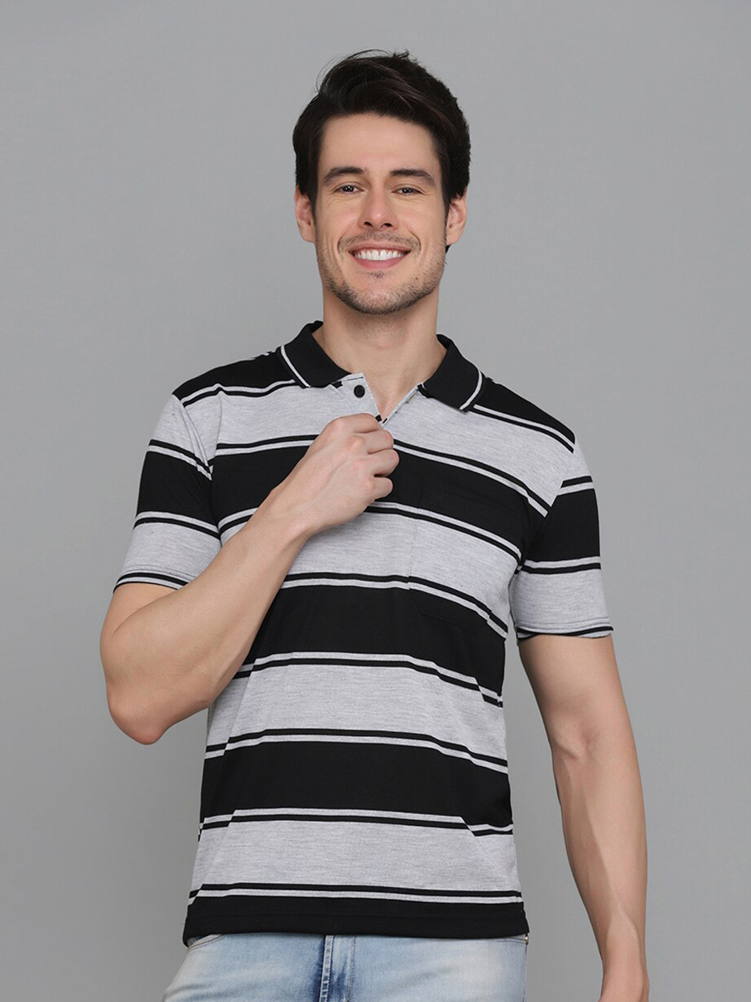 

INKKR Striped Polo Collar T-shirt, Black