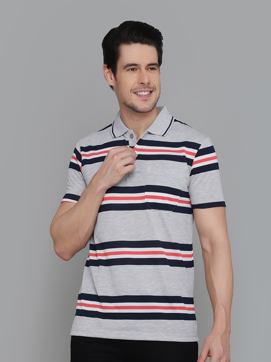 

INKKR Striped Polo Collar T-shirt, Grey