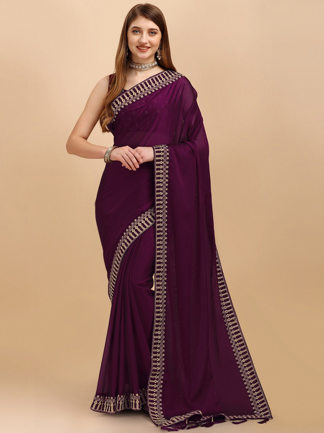 

Mitera Purple & Gold-Toned Embroidered Silk Cotton Saree