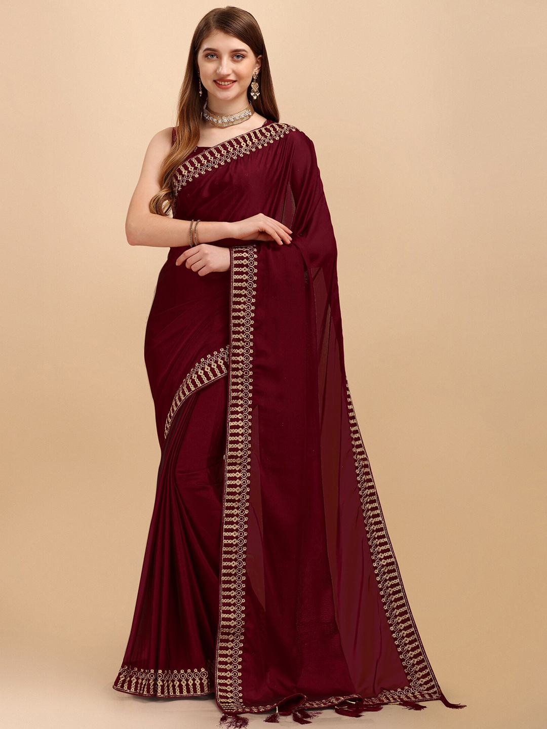 

Mitera Maroon & Gold-Toned Embroidered Silk Cotton Saree