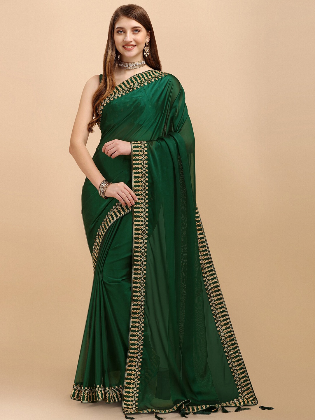 

Mitera Green & Gold-Toned Embroidered Silk Cotton Saree