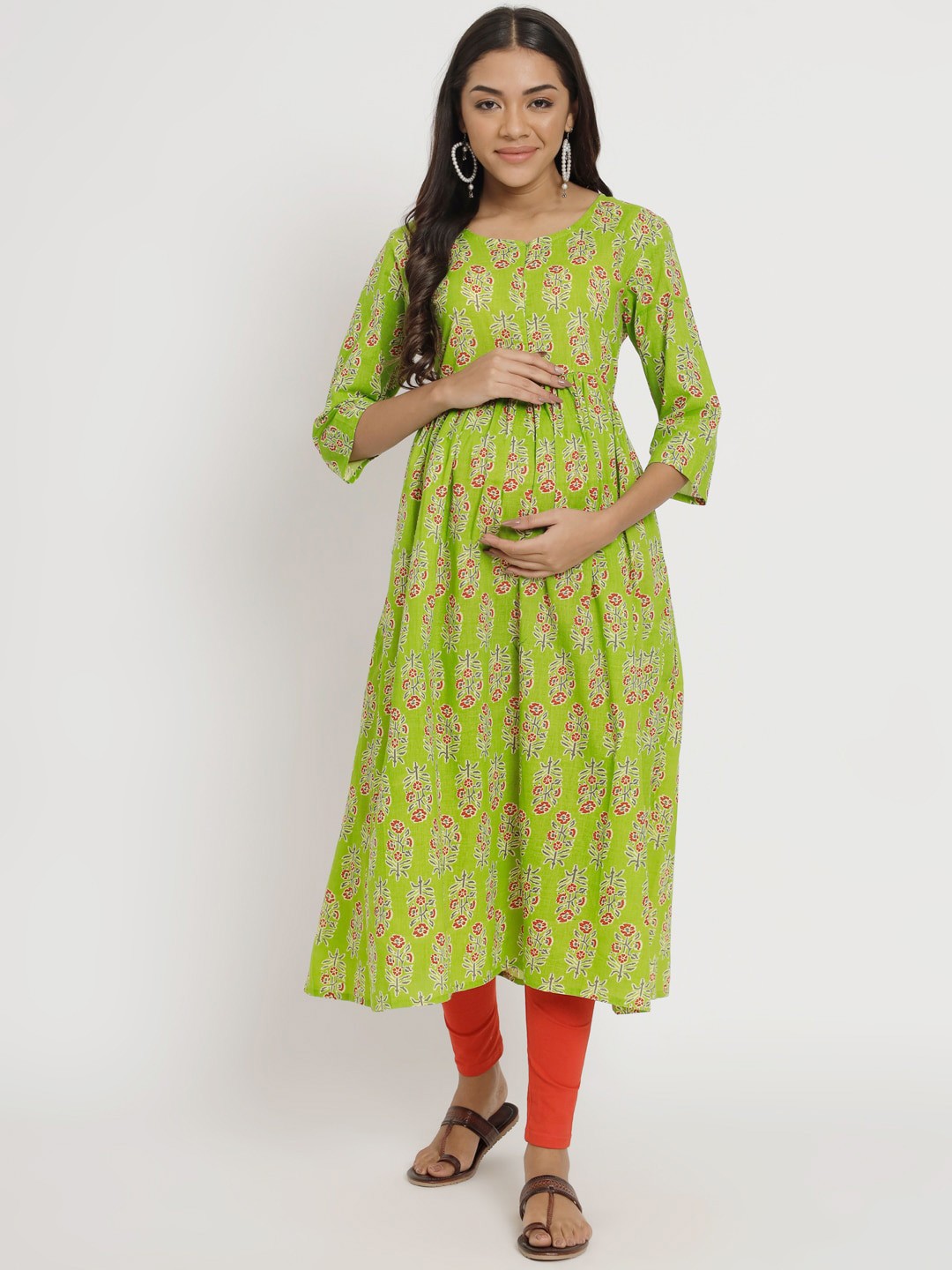 

Aujjessa Women Floral Printed Pure Cotton Maternity Kurta, Green