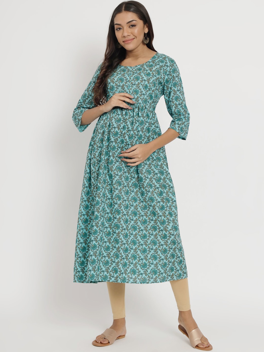 

Aujjessa Ethnic Motifs Printed Maternity Pure Cotton Anarkali Kurta, Turquoise blue