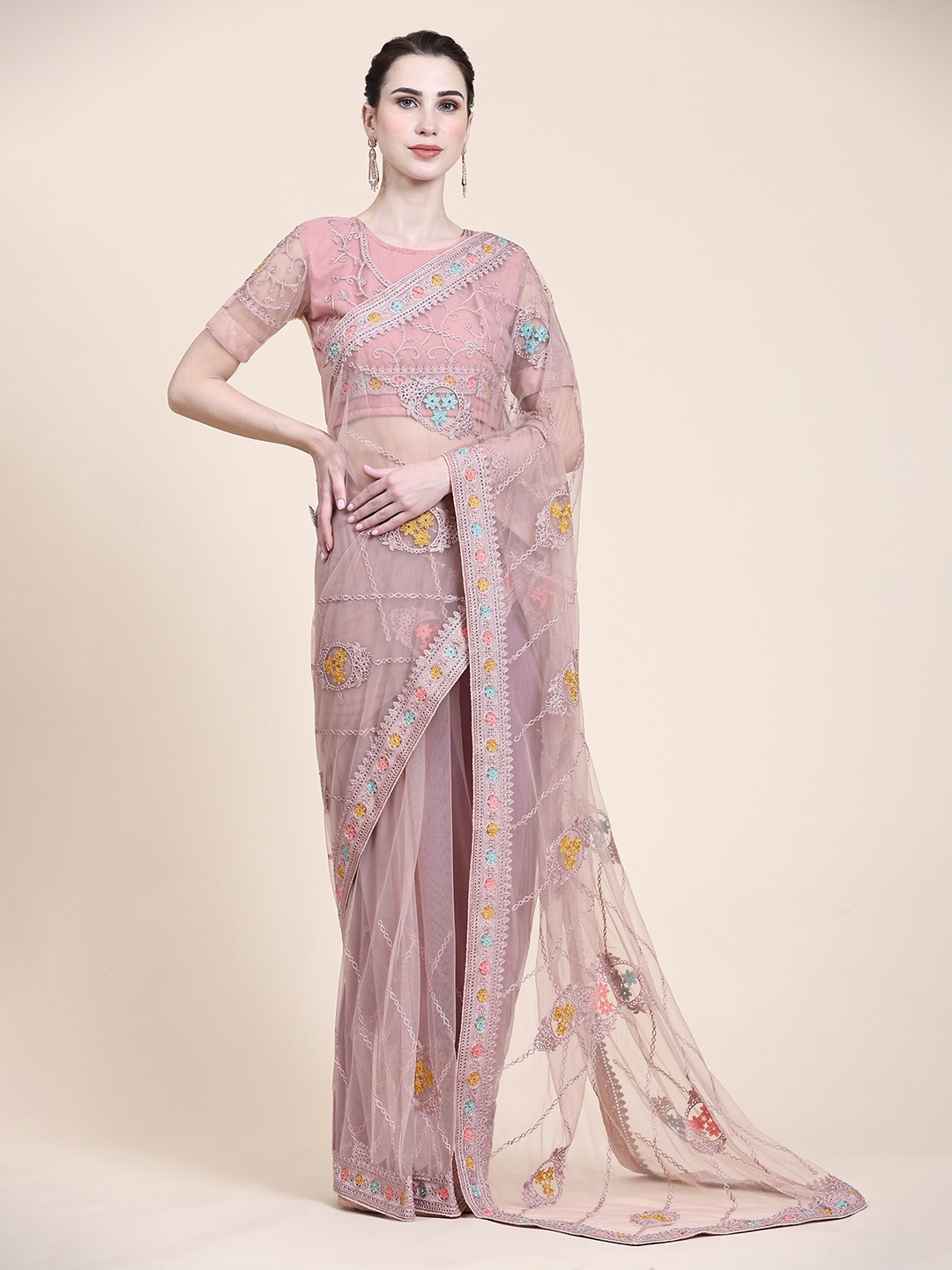 

Mitera Rose Gold & Blue Floral Embroidered Net Saree