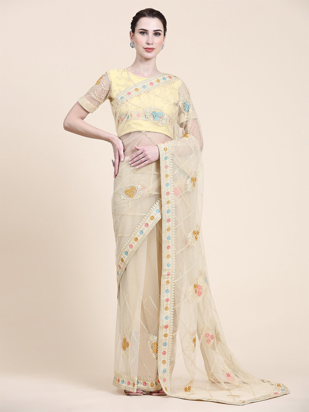 

Mitera Yellow & Pink Floral Embroidered Net Saree