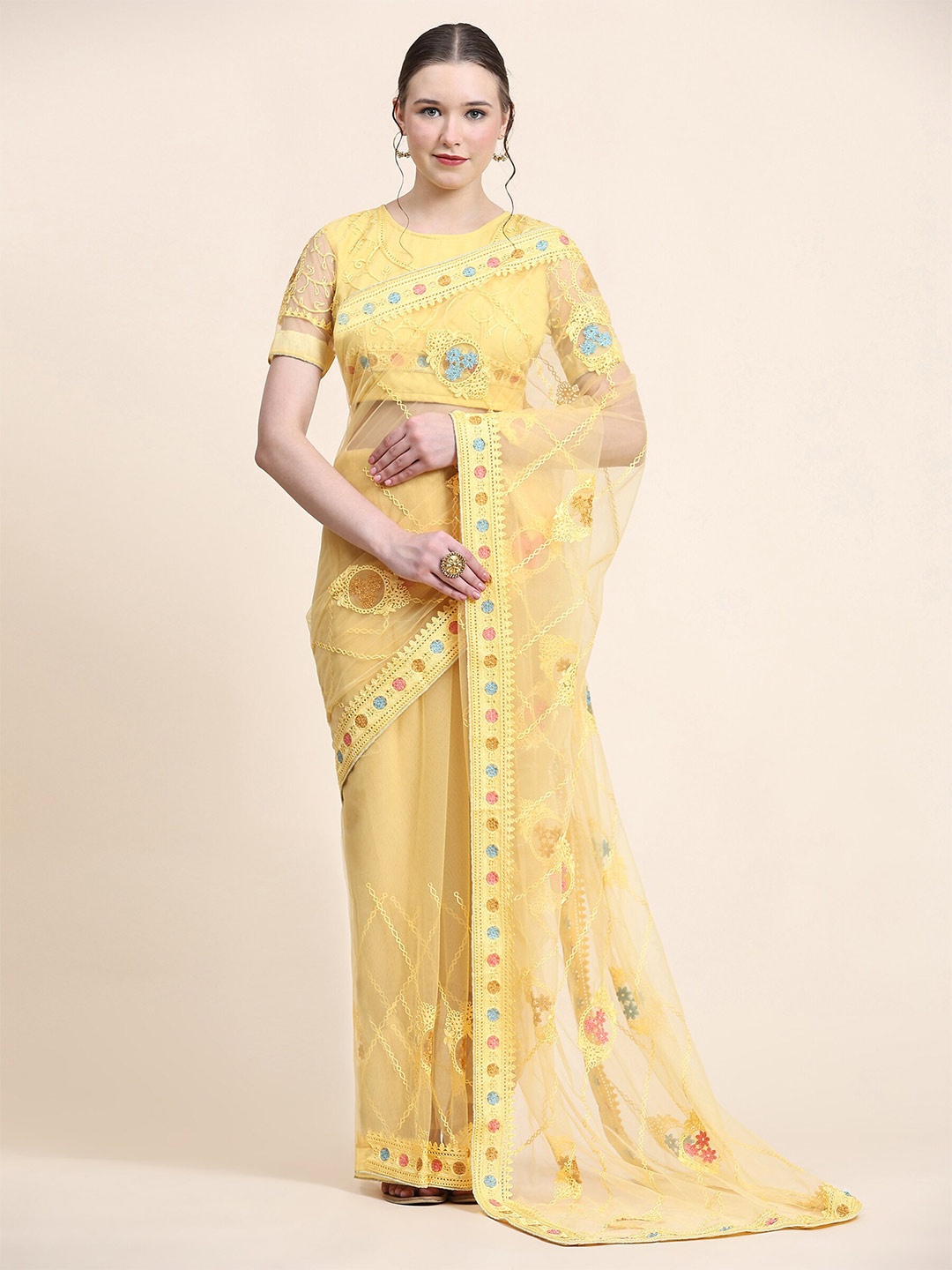 

Mitera Yellow & Pink Floral Embroidered Net Saree