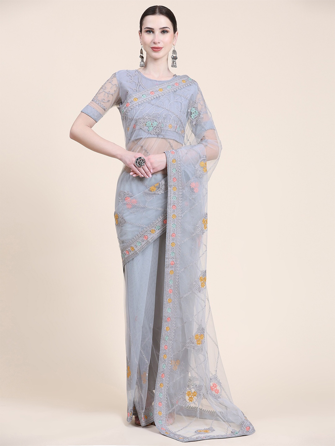 

Mitera Grey & Mustard Floral Embroidered Net Saree