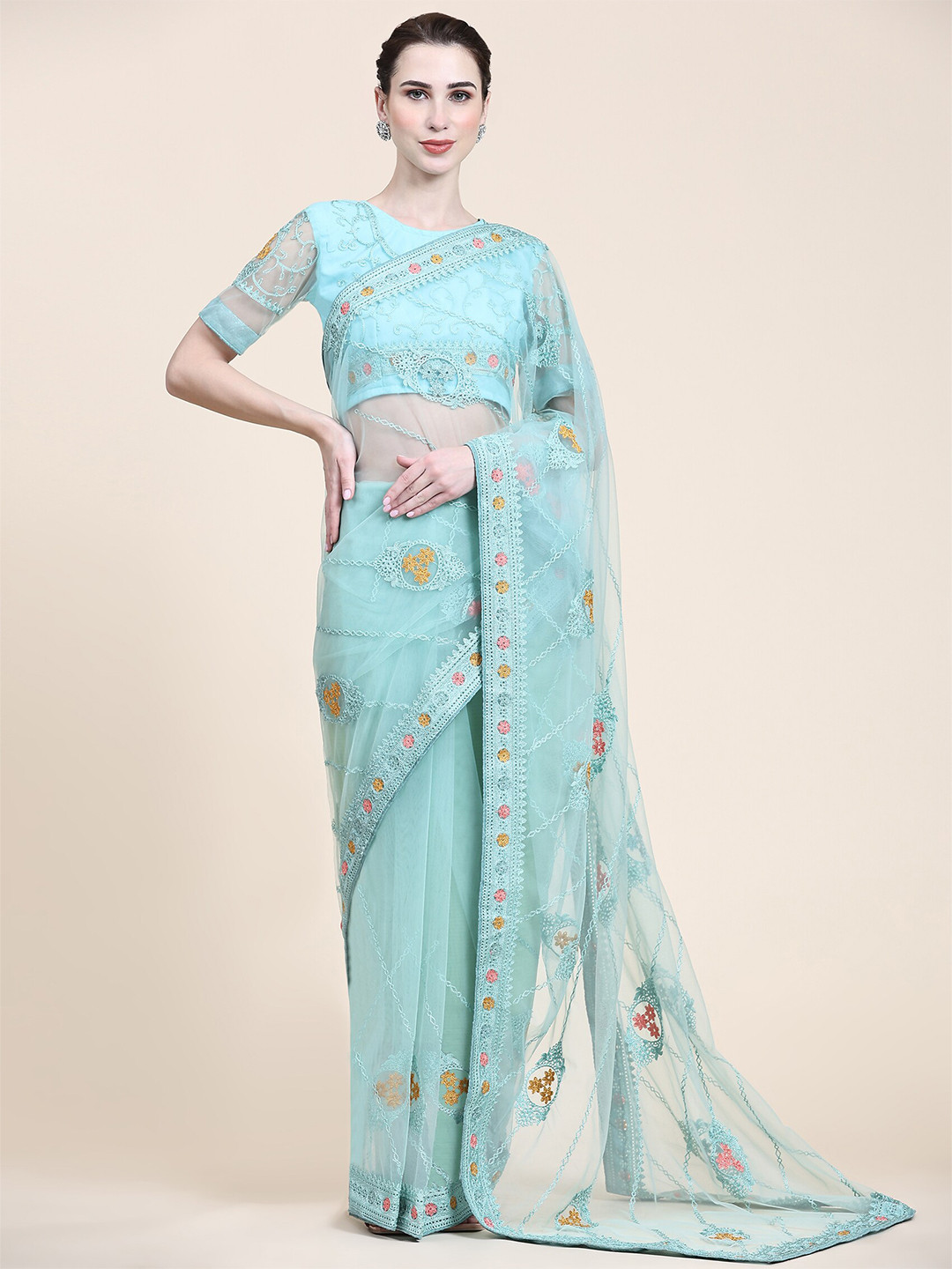 

Mitera Turquoise Blue & Mustard Floral Embroidered Net Saree