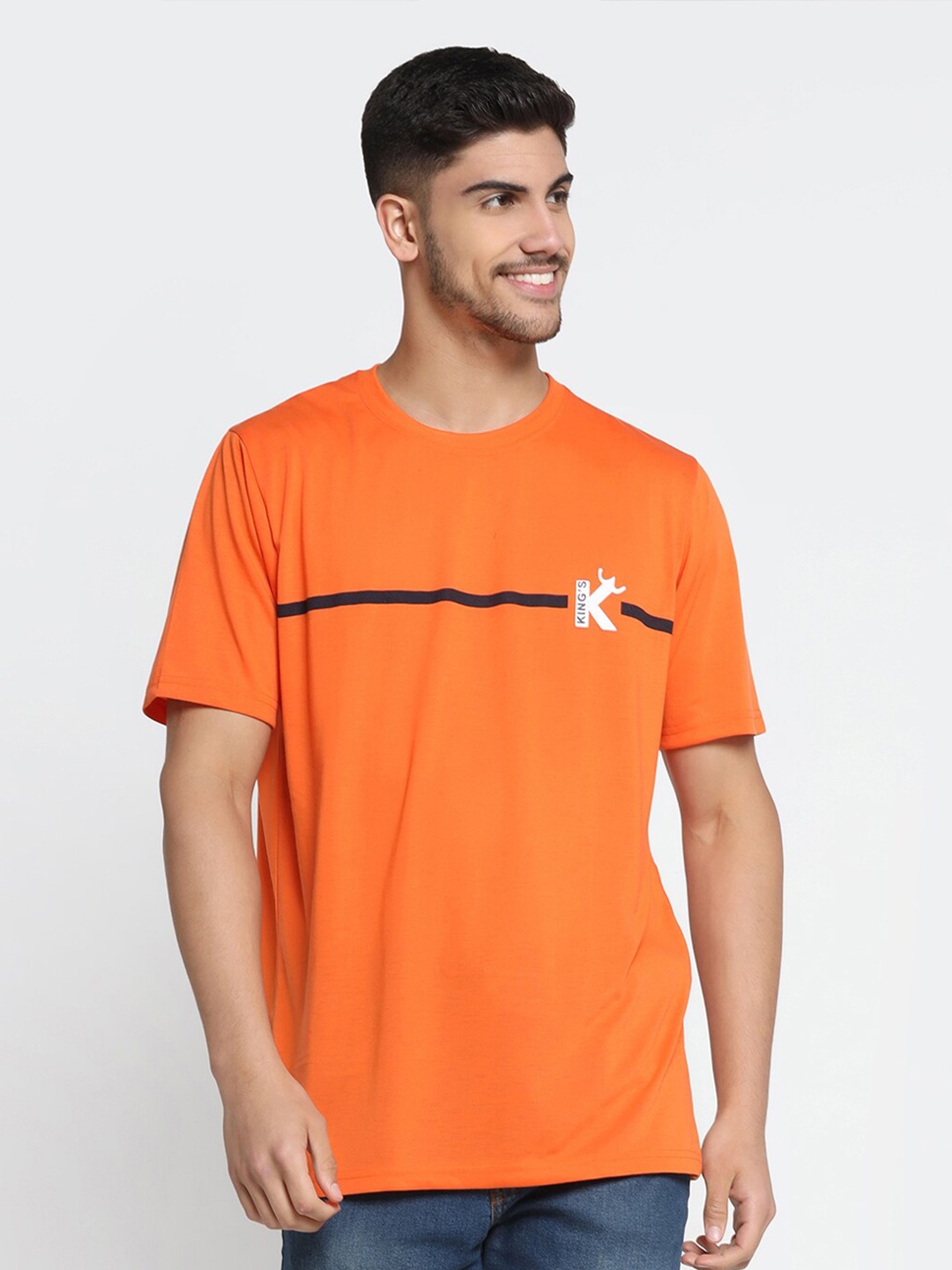

INKKR Striped Round Neck Cotton T-shirt, Orange