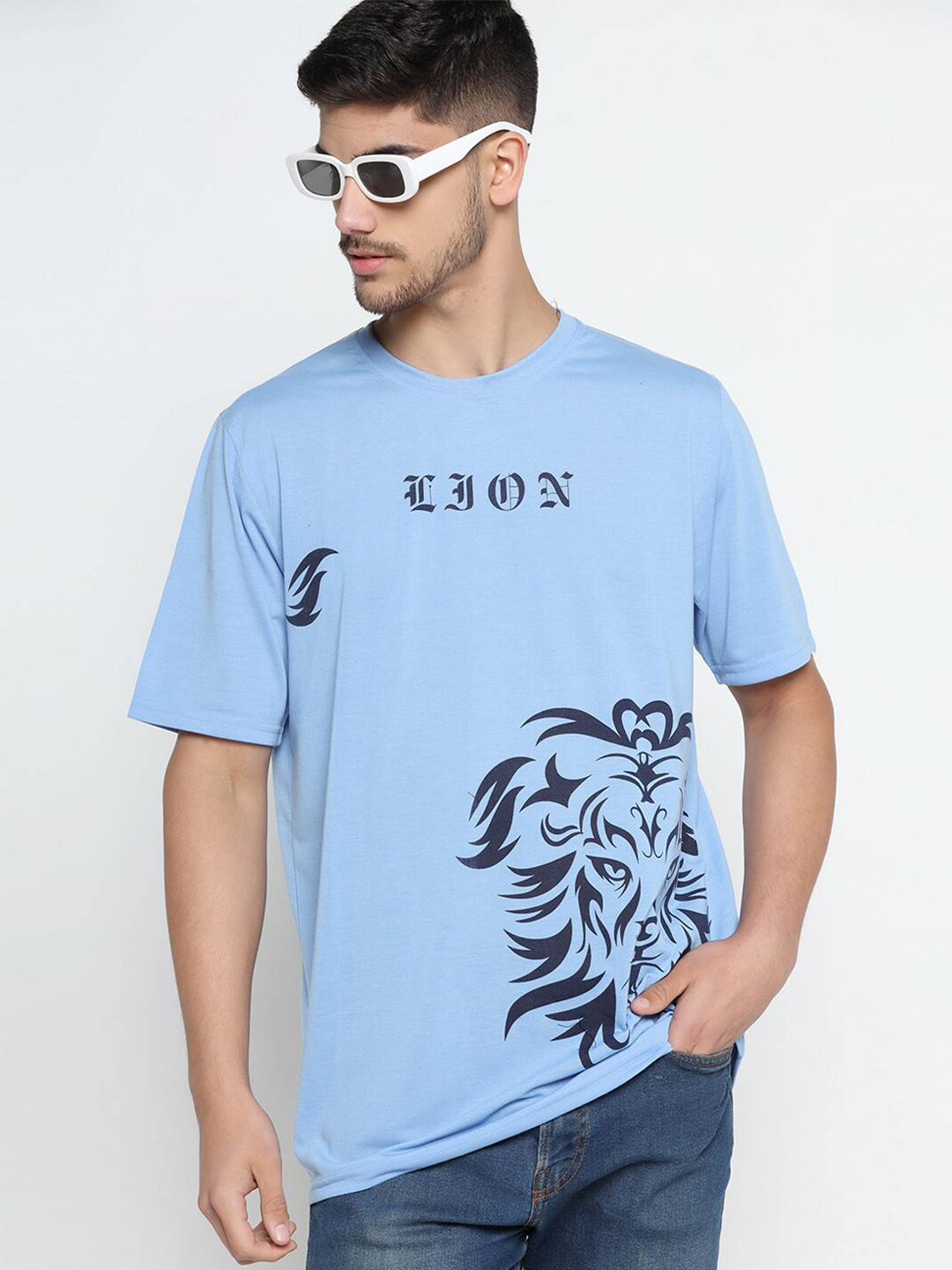 

INKKR Graphic Printed Round Neck Short Sleeves Cotton T-shirt, Blue
