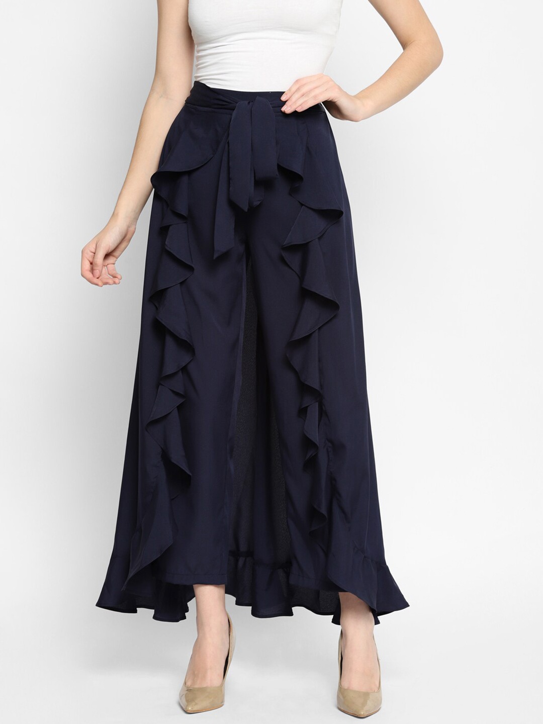 

HOUSE OF KKARMA Women Flared Ruffled Palazzos, Blue