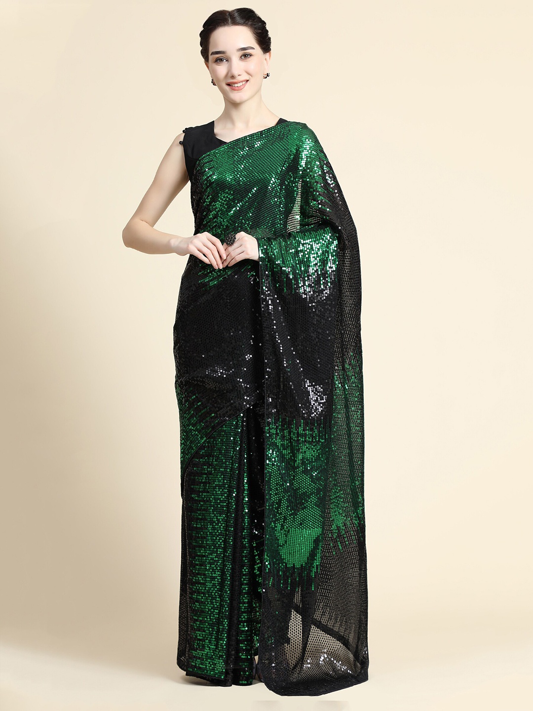 

Mitera Green & Black Embellished Sequinned Pure Georgette Saree