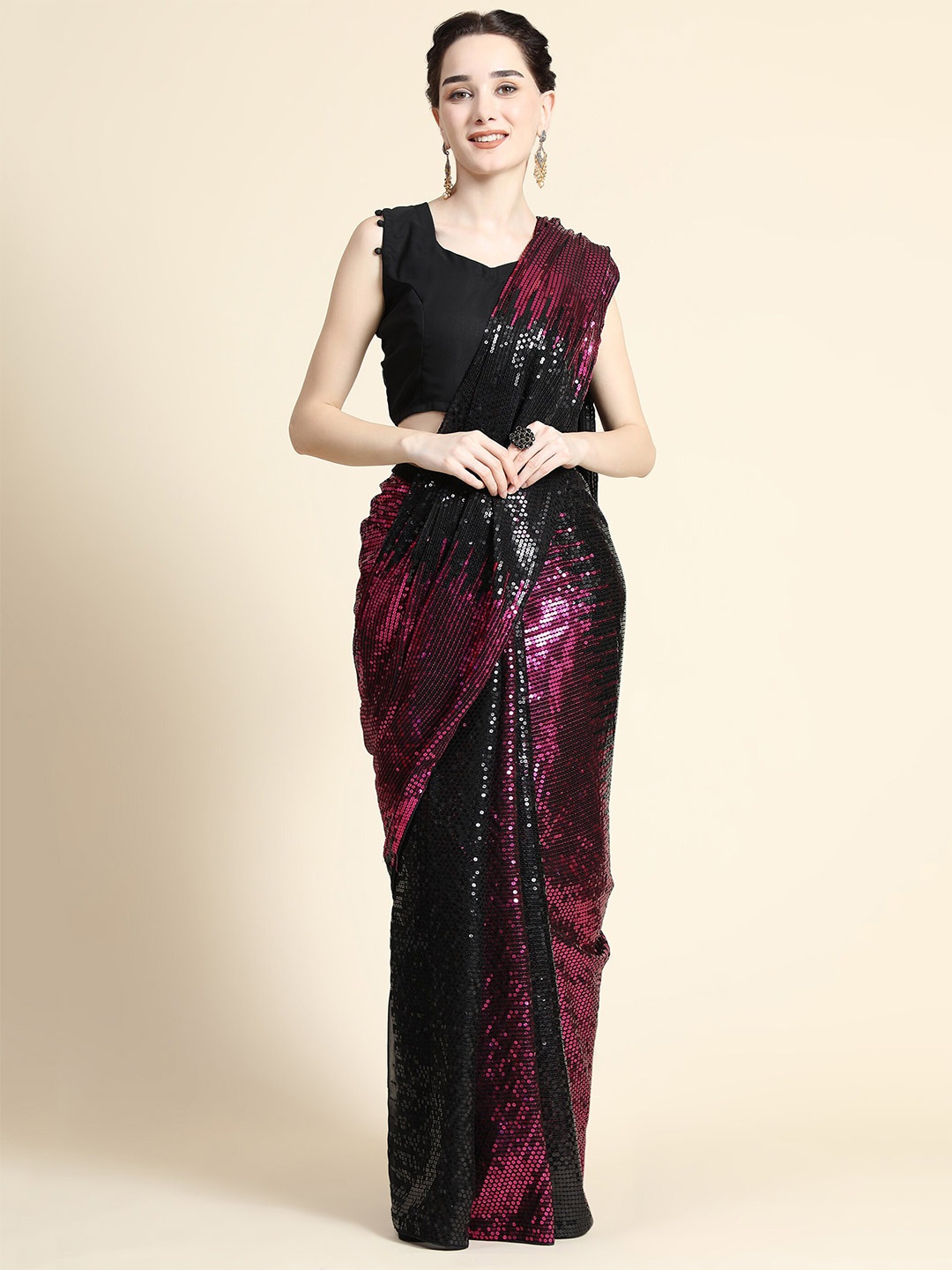 

Mitera Pink & Black Embellished Sequinned Pure Georgette Saree