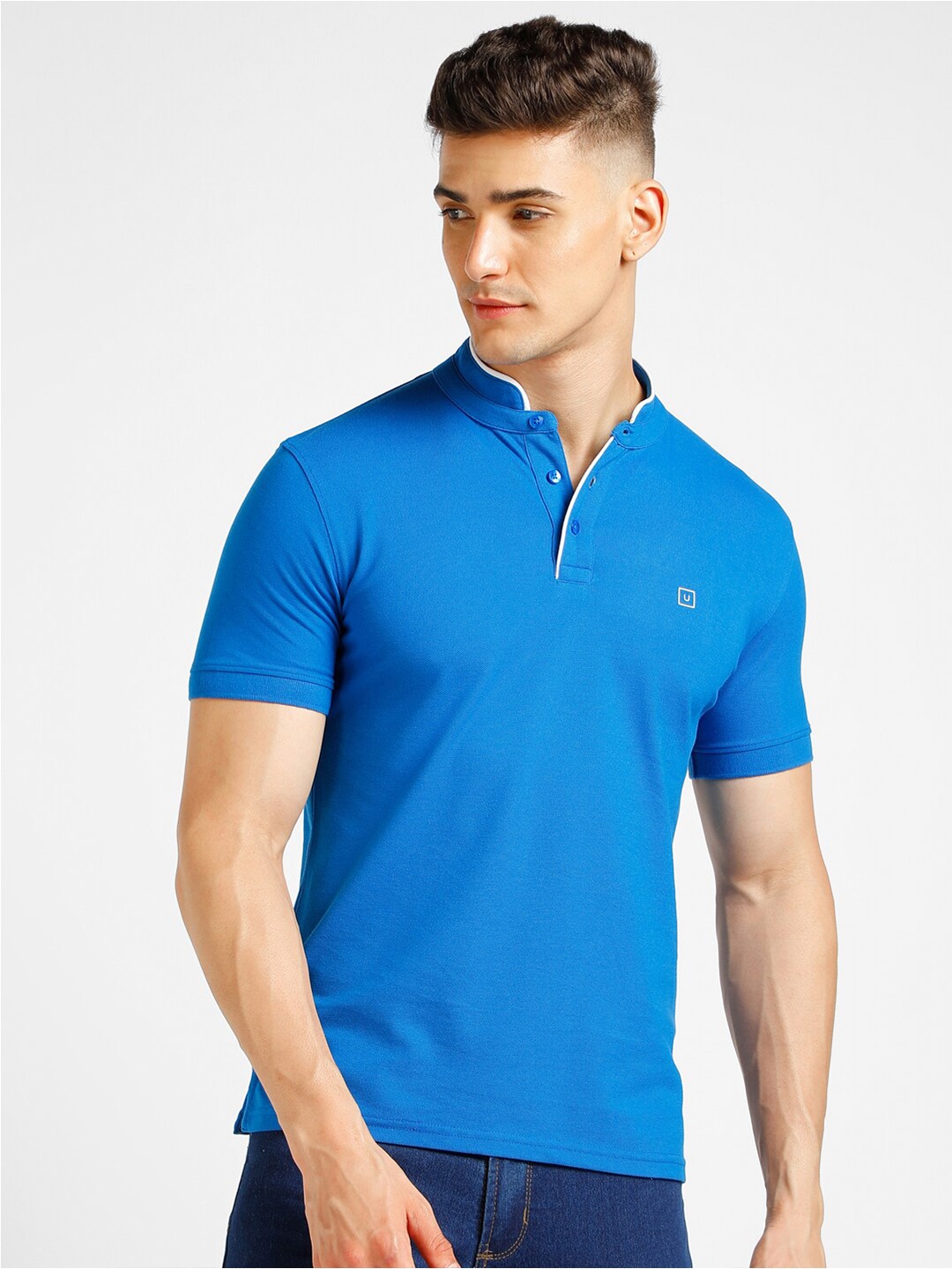 

Urbano Fashion Mandarin Collar Slim Fit T-shirt, Blue