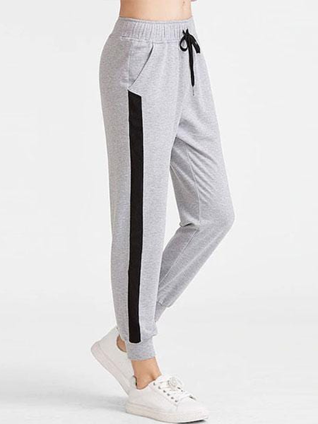 

NOBERO Women Striped Regular Fit Cotton Joggers, Grey melange