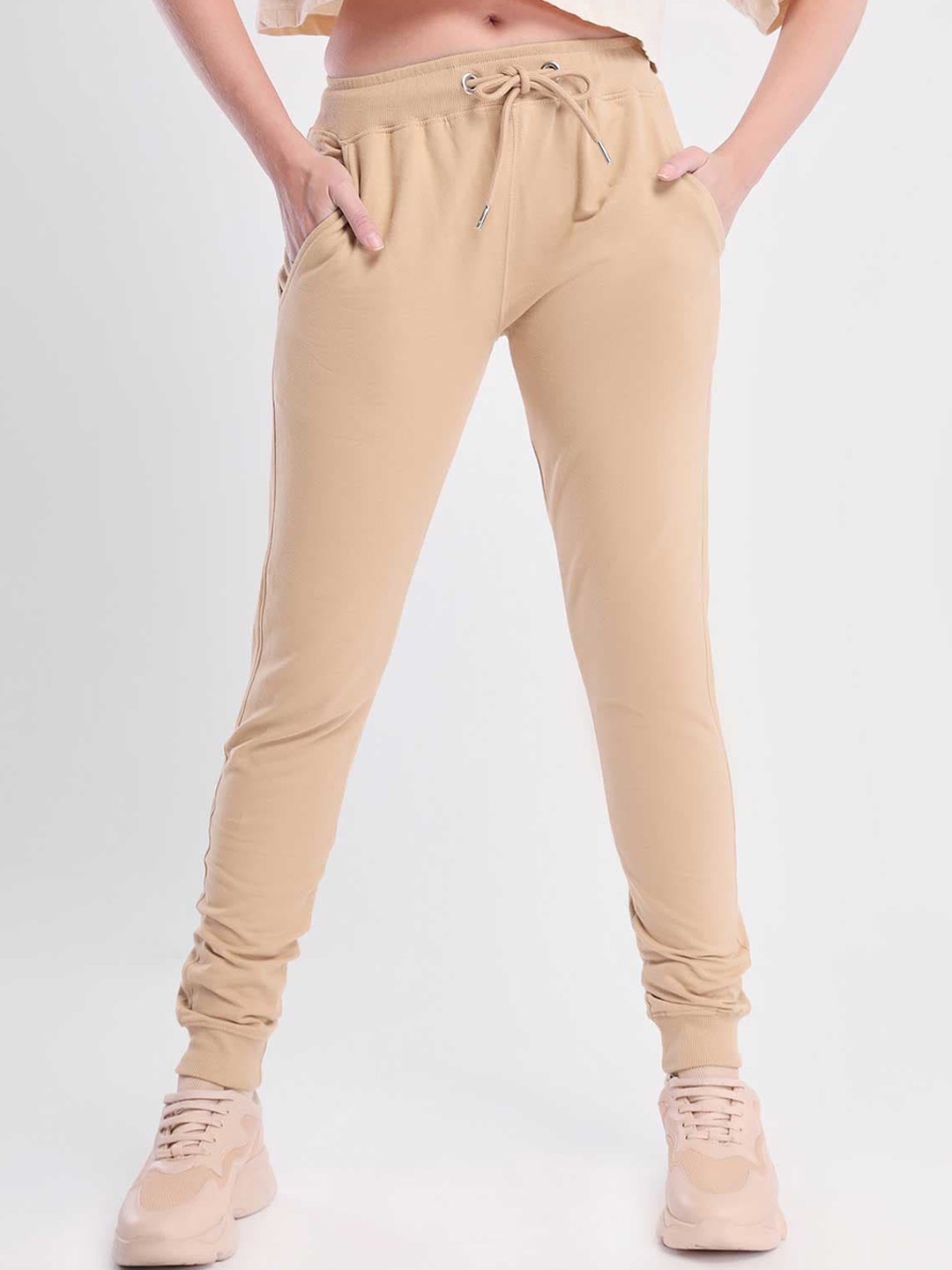 

NOBERO Women Mid-Rise Cotton Joggers, Cream