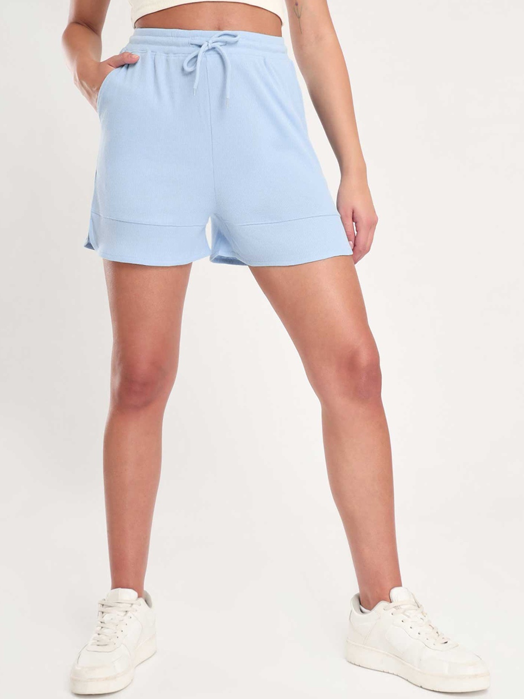 

NOBERO Women Mid-Rise Knitted Shorts, Blue