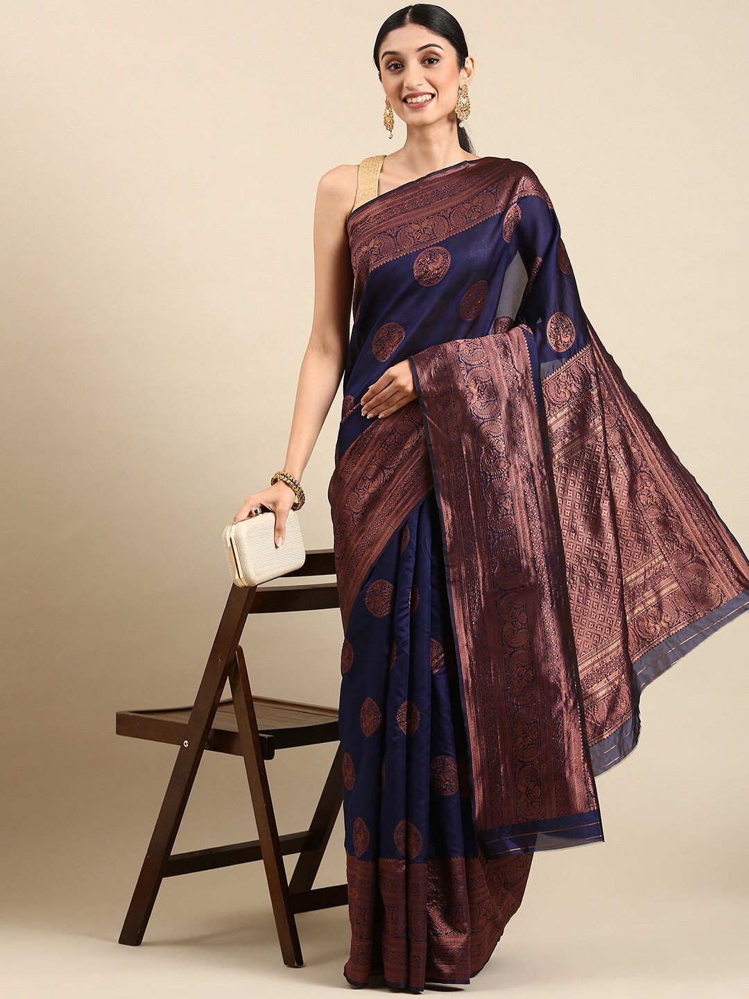 

Mitera Navy Blue & Gold-Toned Ethnic Motifs Woven Design Zari Kanjeevaram Saree