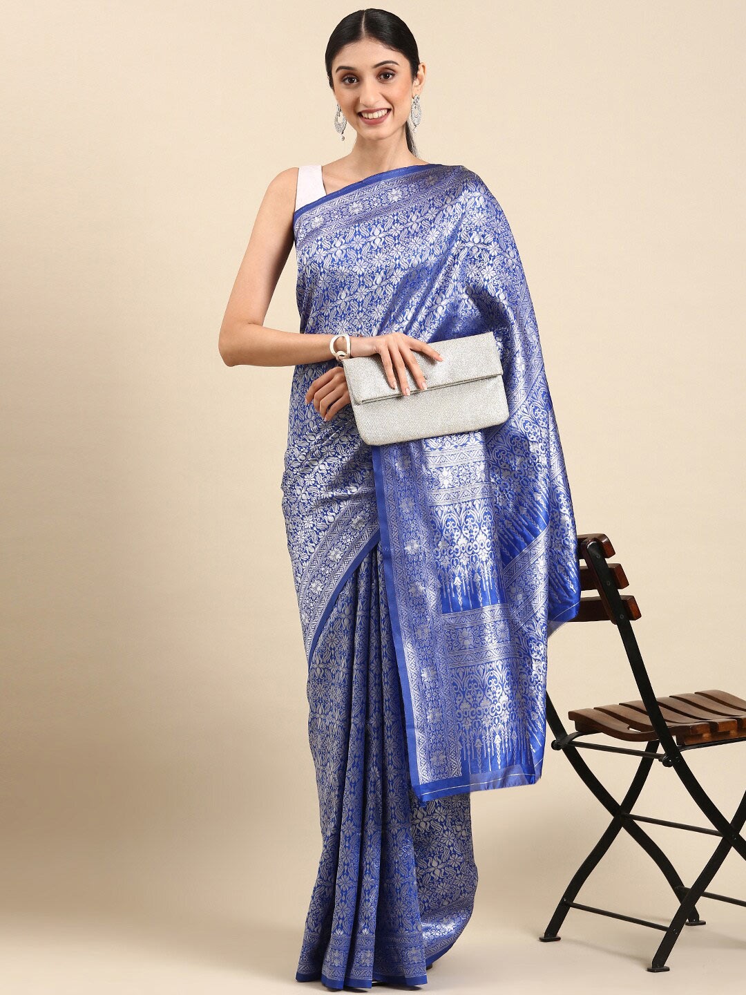 

Mitera Blue & Silver-Toned Woven Design Zari Banarasi Saree