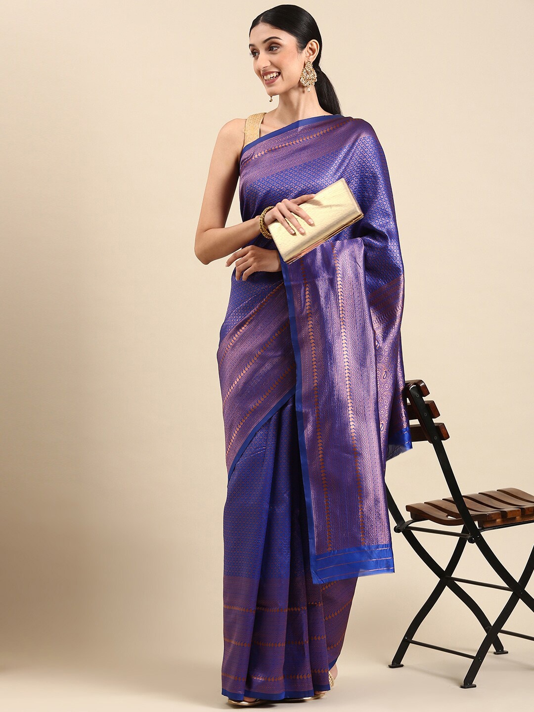 

Mitera Blue & Gold-Toned Ethnic Motif Woven Design Zari Kanjeevaram Saree