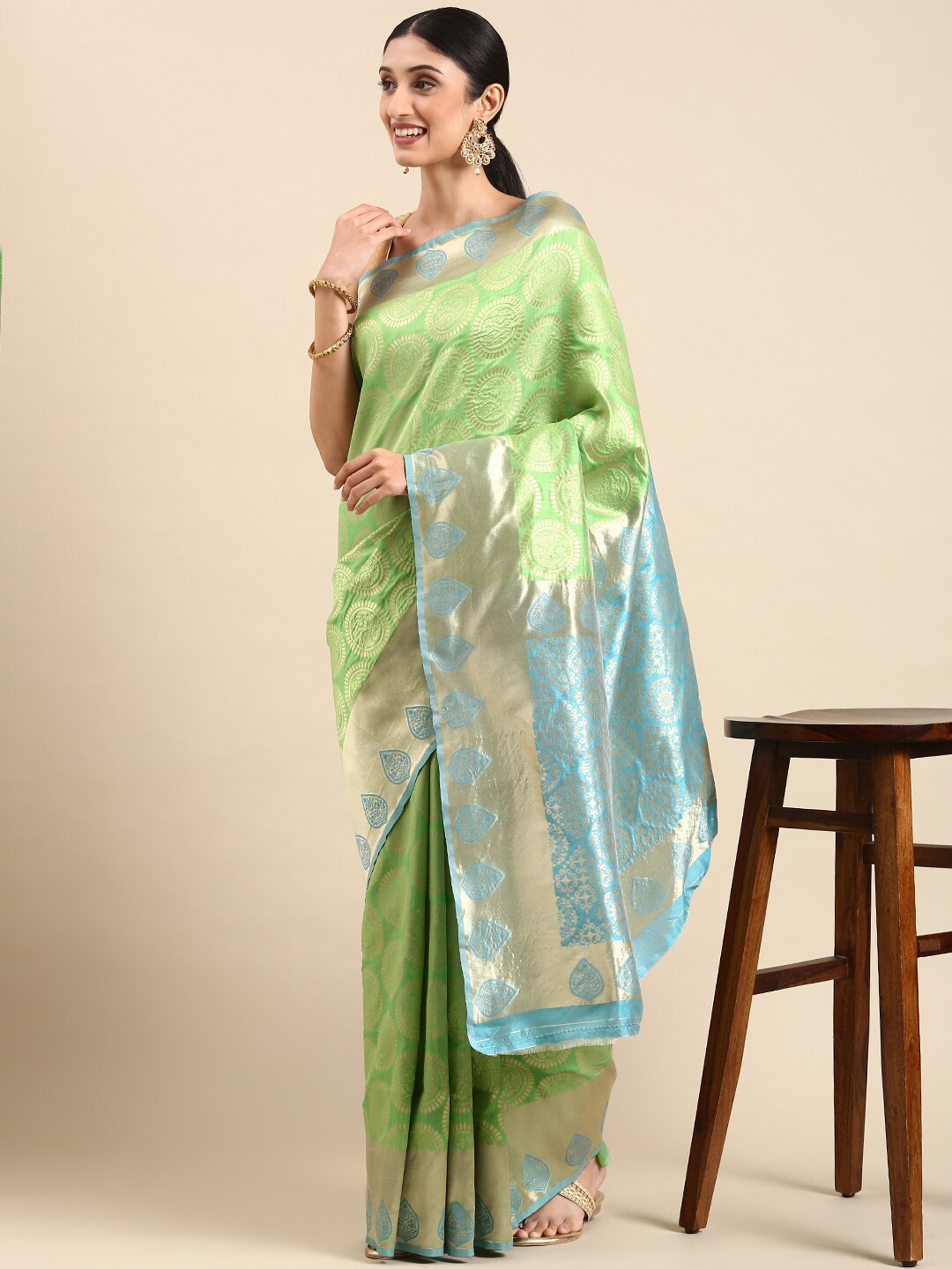 

Mitera Green & Blue Woven Design Zari Banarasi Saree