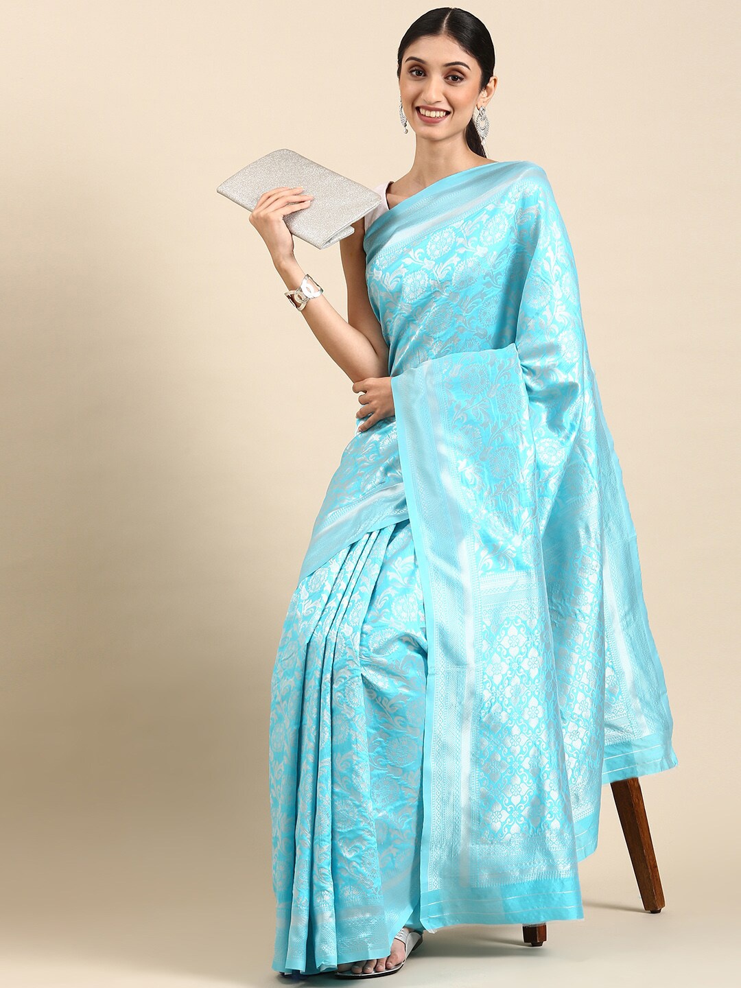 

Mitera Turquoise Blue & Silver-Toned Ethnic Woven Design Zari Banarasi Saree