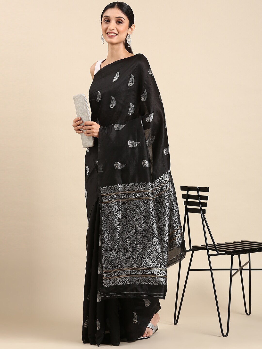 

Mitera Black & Silver-Toned Ethnic Motifs Woven Design Zari Mysore Silk Saree