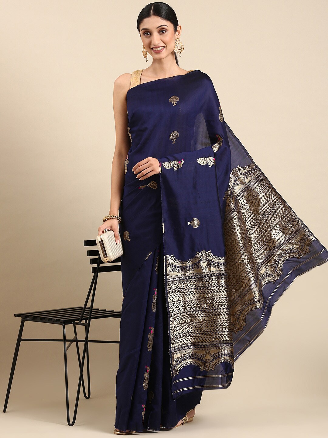 

Mitera Navy Blue & Gold-Toned Ethnic Motifs Woven Design Zari Mysore Silk Saree