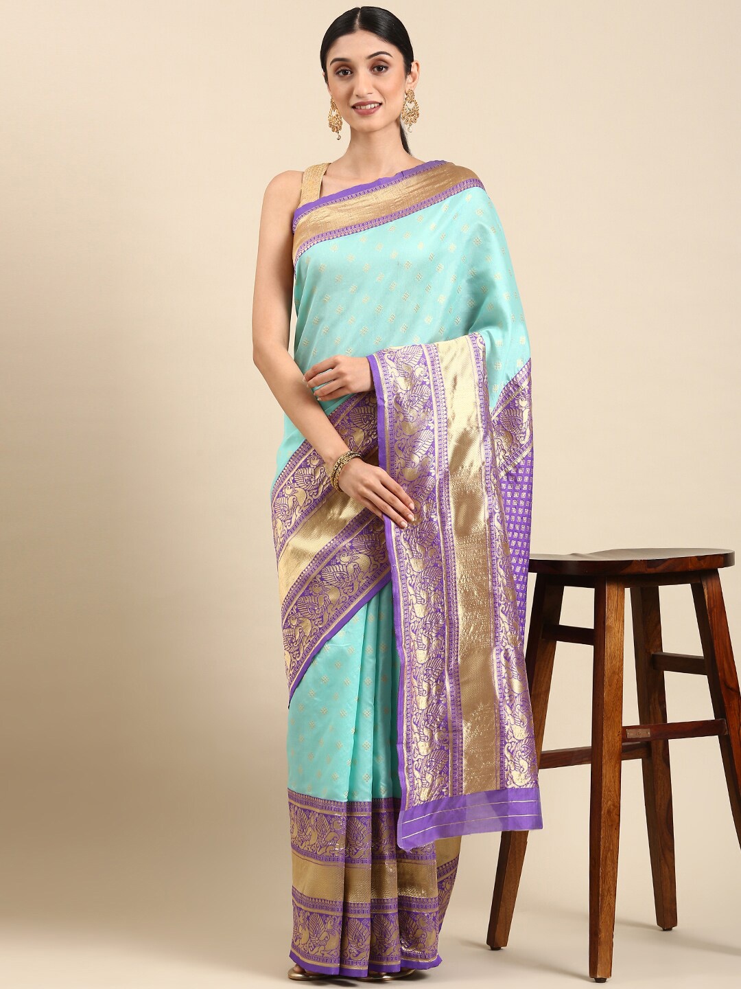 

Mitera Ethnic Motifs Woven Design Zari Kanjeevaram Saree, Turquoise blue